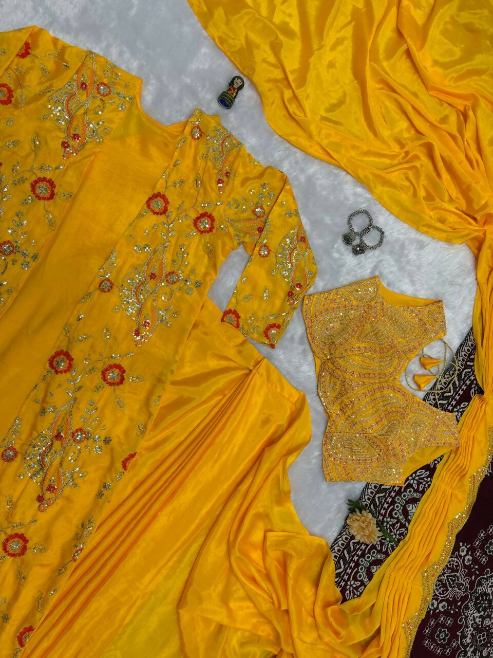 Teeya Creation Yellow Color Chinon Silk Designer Embroidery Work Ready To Wear Saree With Koti