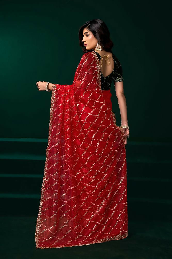 Joban Fashion Red Net Party Wear Sarees