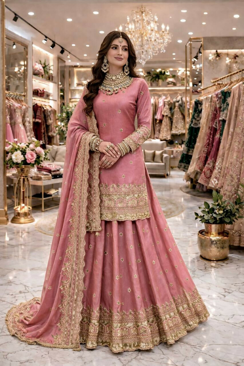 Teeya Creation Pink Color Fendy Satin Heavy Embroidery Work Wedding Wear Stitched Lehenga Choli