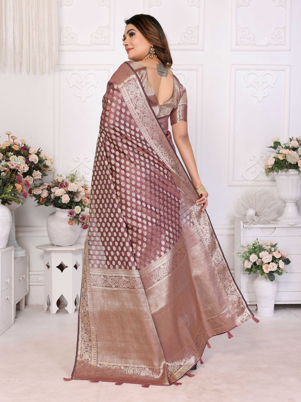 Aastha Fashion Dusty Rose Organza Silk Weaving Saree