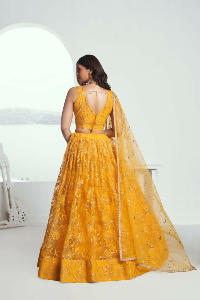 Aastha Fashion Yellow Butterfly Net Tone To Tone Cotton Thread Work And Sequence Work Embroidery Wedding Wear Lehenga Choli