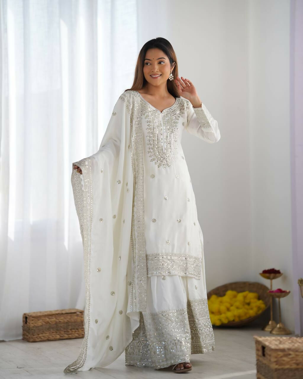 Joban Fashion White Kurta Set Silk Sequins , Zari, Coding & Thread Embroidered work