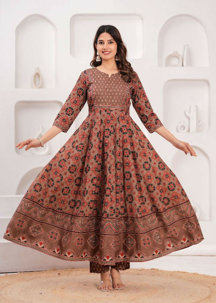 Jaimini Women Cotton Printed Round Neck Calf Length Flared Kurta Pant And Dupatta Set