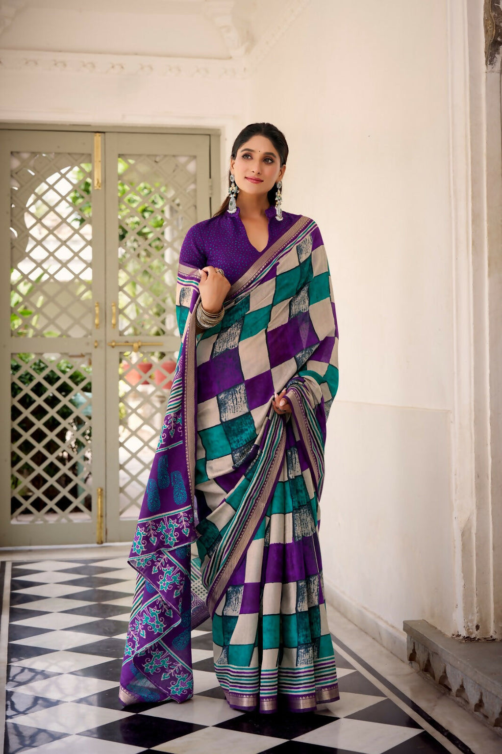 Vastranavya Purple Viscose Chanderi Printed with Temple Border Saree & Unstitched Blouse
