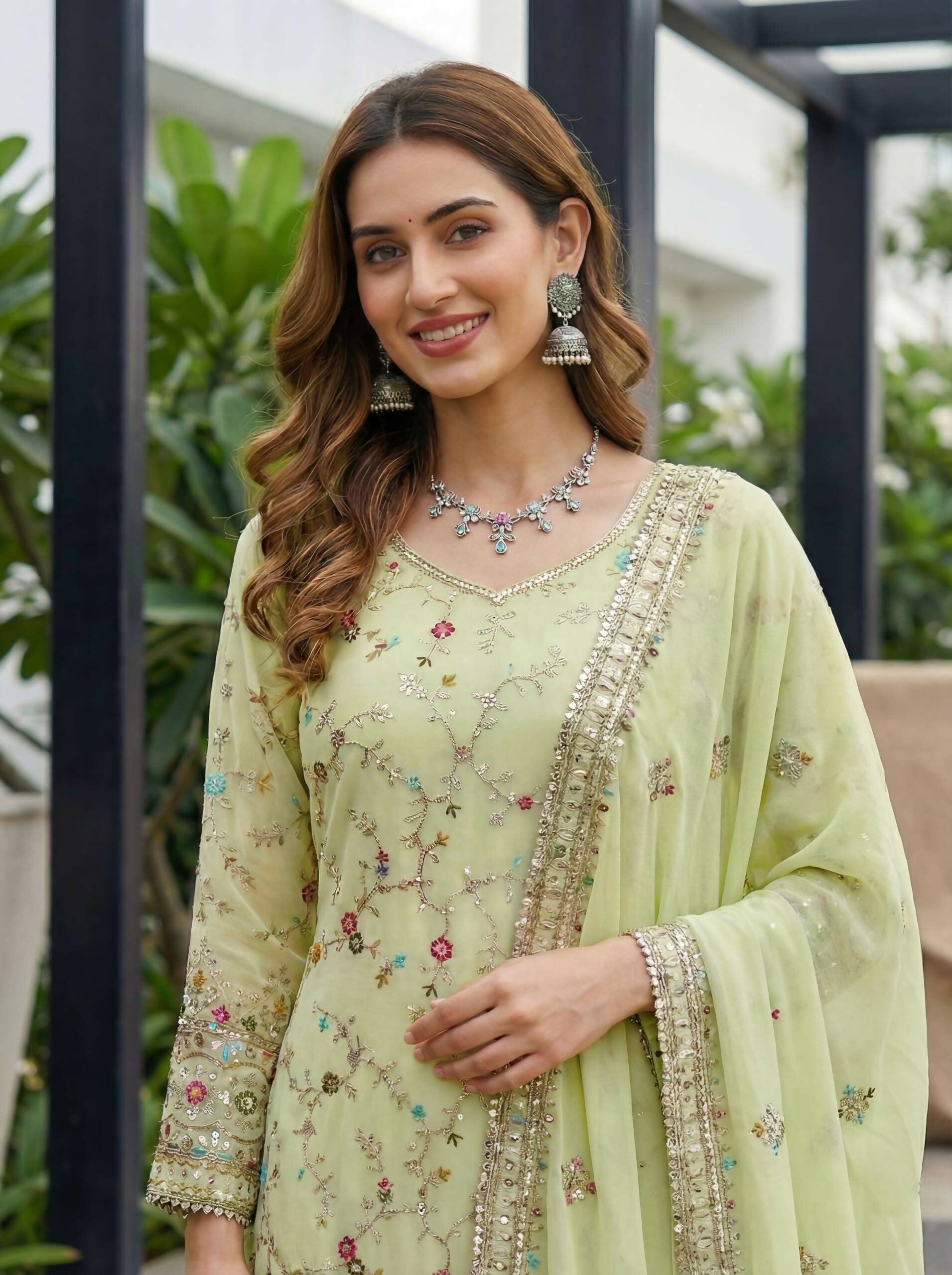 Teeya Creation Pista Faux Georgette Multi Thread Work Wedding Wear Sharara Set
