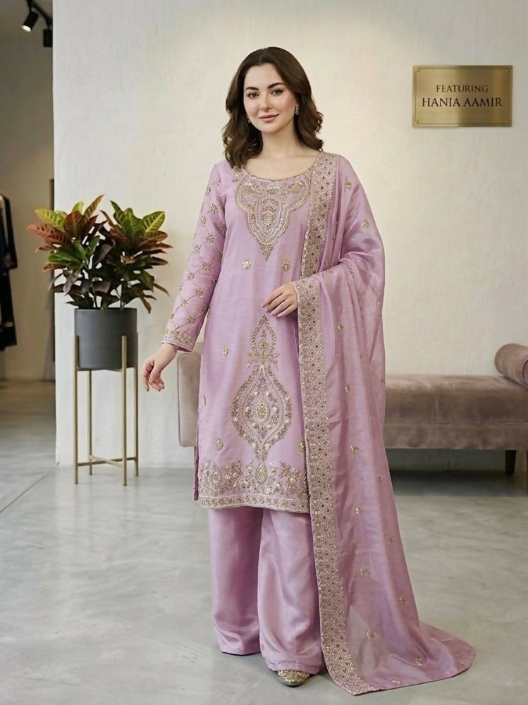 Teeya Creation Onion Color Gimmychu Silk Embroidery Work Wedding Wear Salwar Suit