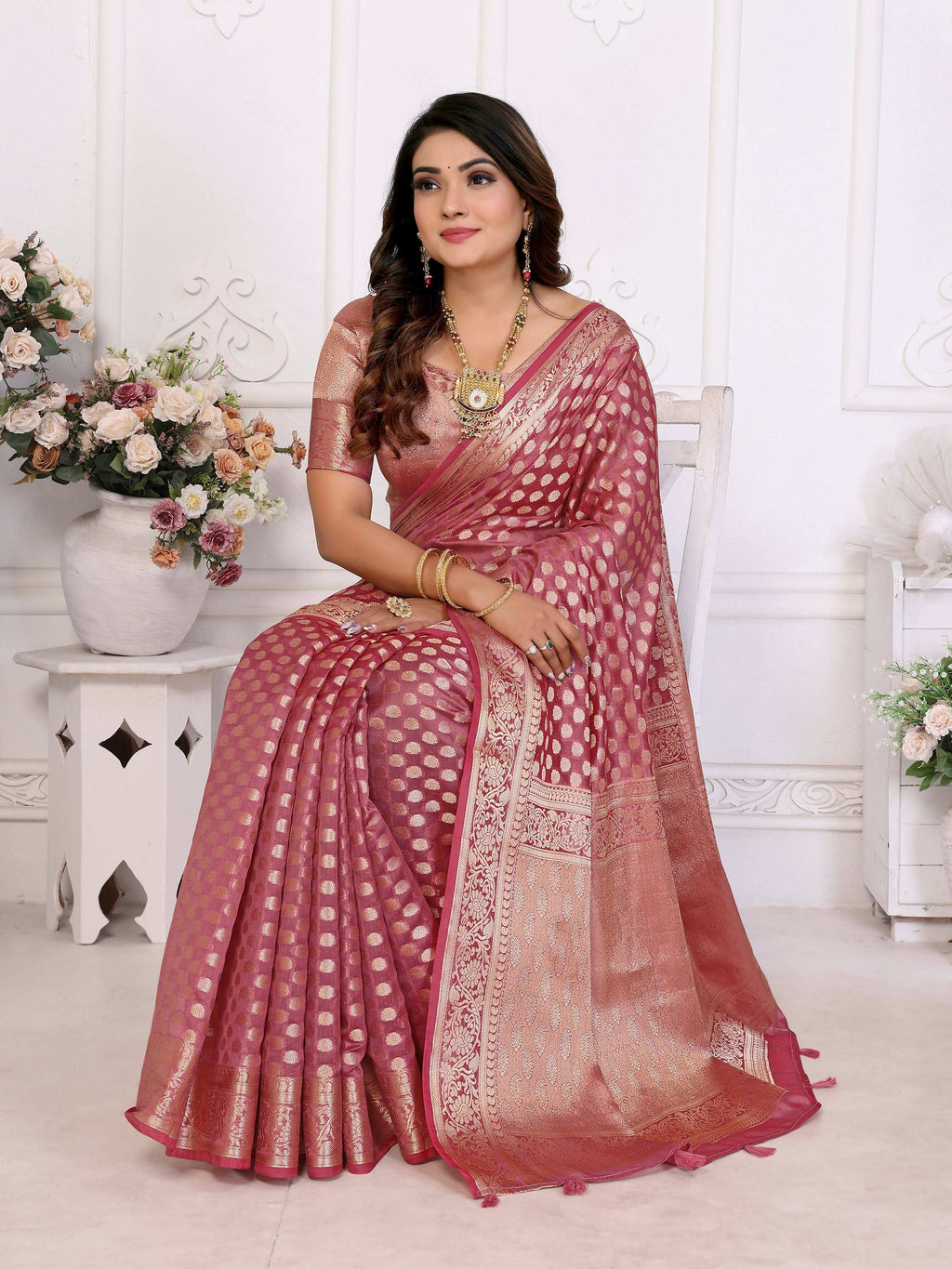 Aastha Fashion Light Pink Organza Silk Weaving Saree