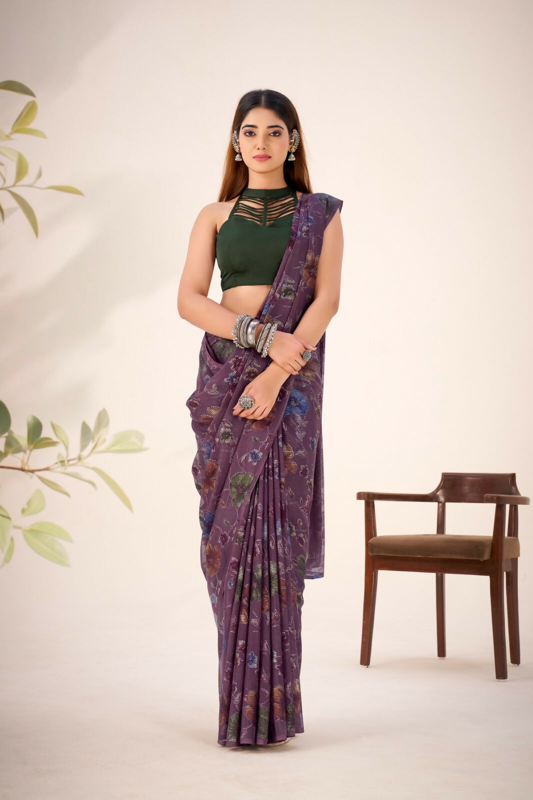Vastranavya Wine Lurex Brasso Floral Printed Saree with Unstitched Blouse