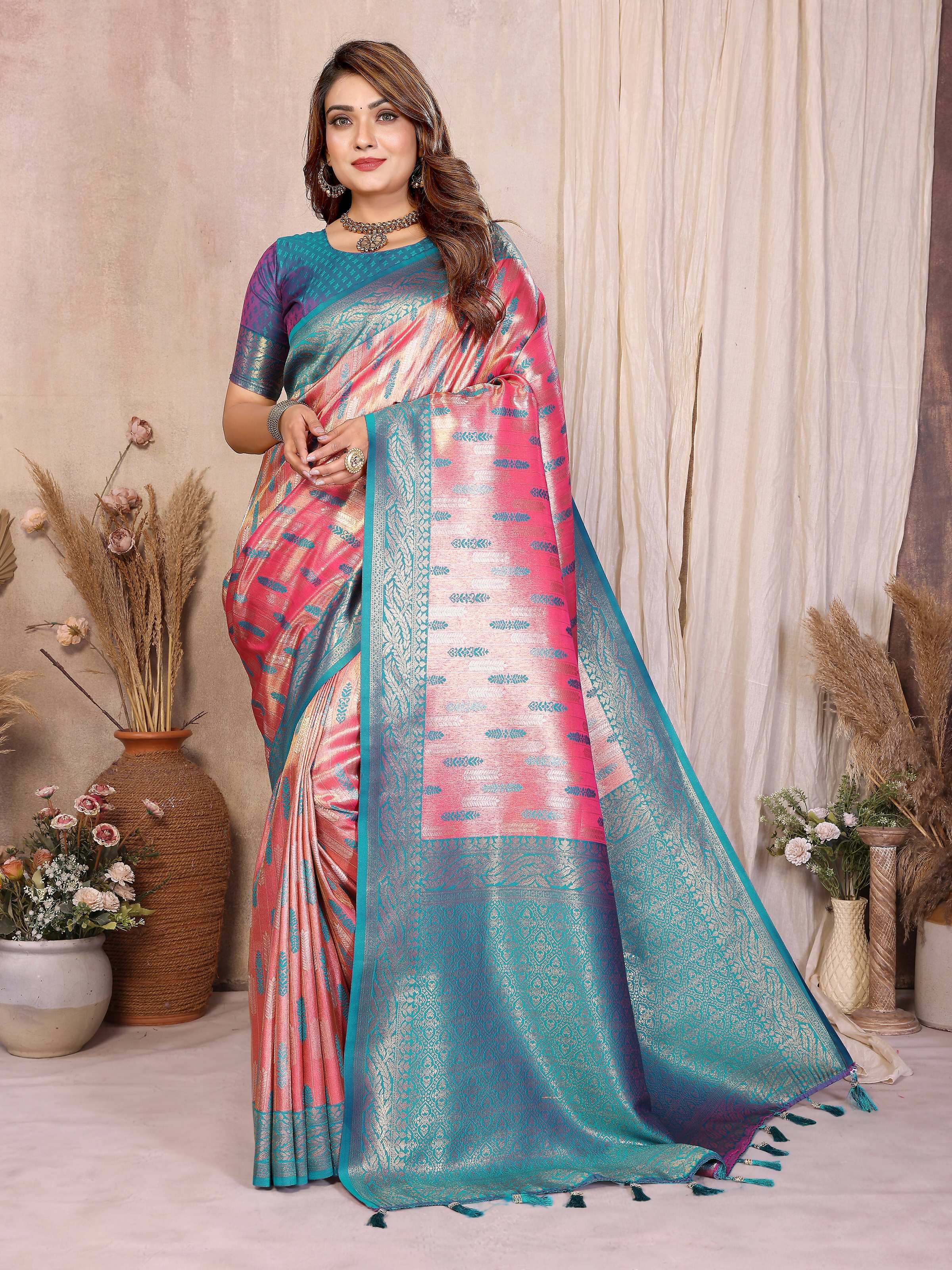 Aastha Fashion Pink Tissue Silk Paithani Woven Saree