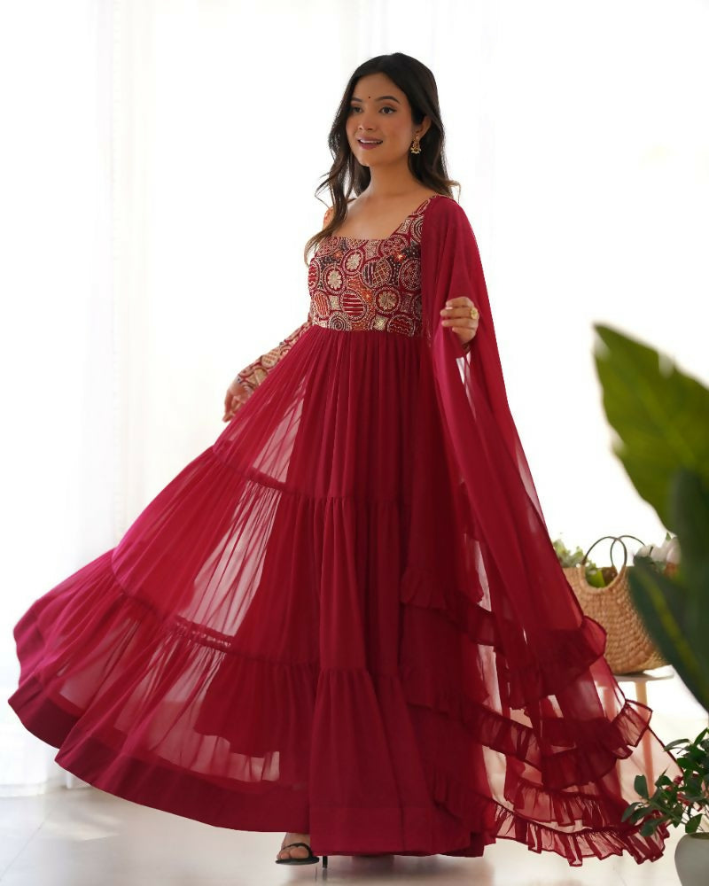 Teeya Creation Maroon Color Faux Georgette Heavy Multi Thread Work Functional Wear Gown