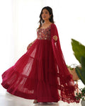 Teeya Creation Maroon Color Faux Georgette Heavy Multi Thread Work Functional Wear Gown