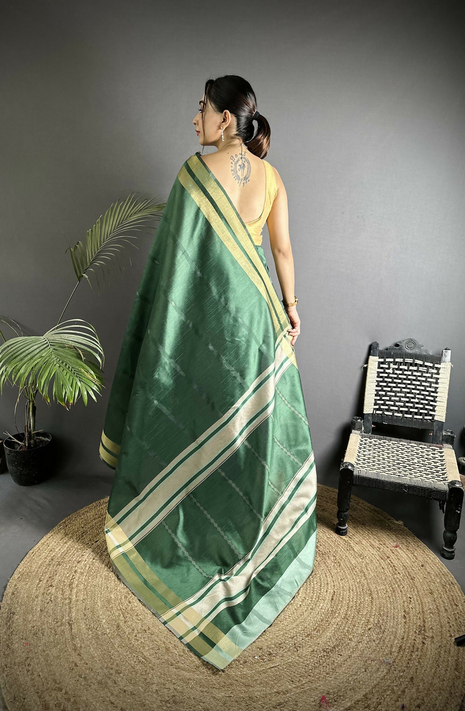 Joban Fashion Green Woven Pattern Raw Silk Kanjivaram Silk Saree