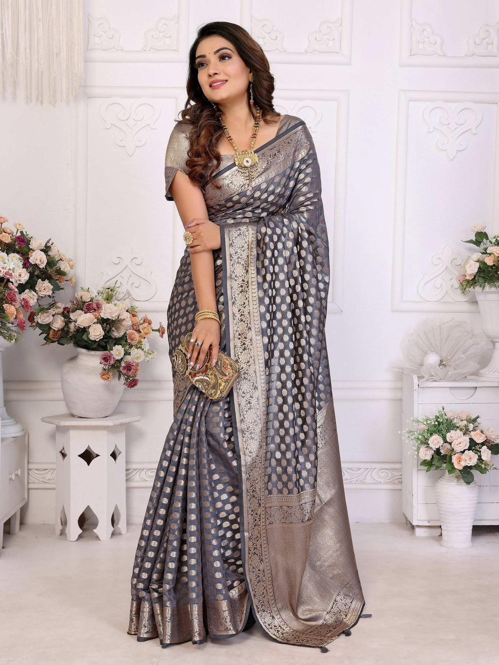 Aastha Fashion Grey Organza Silk Weaving Saree