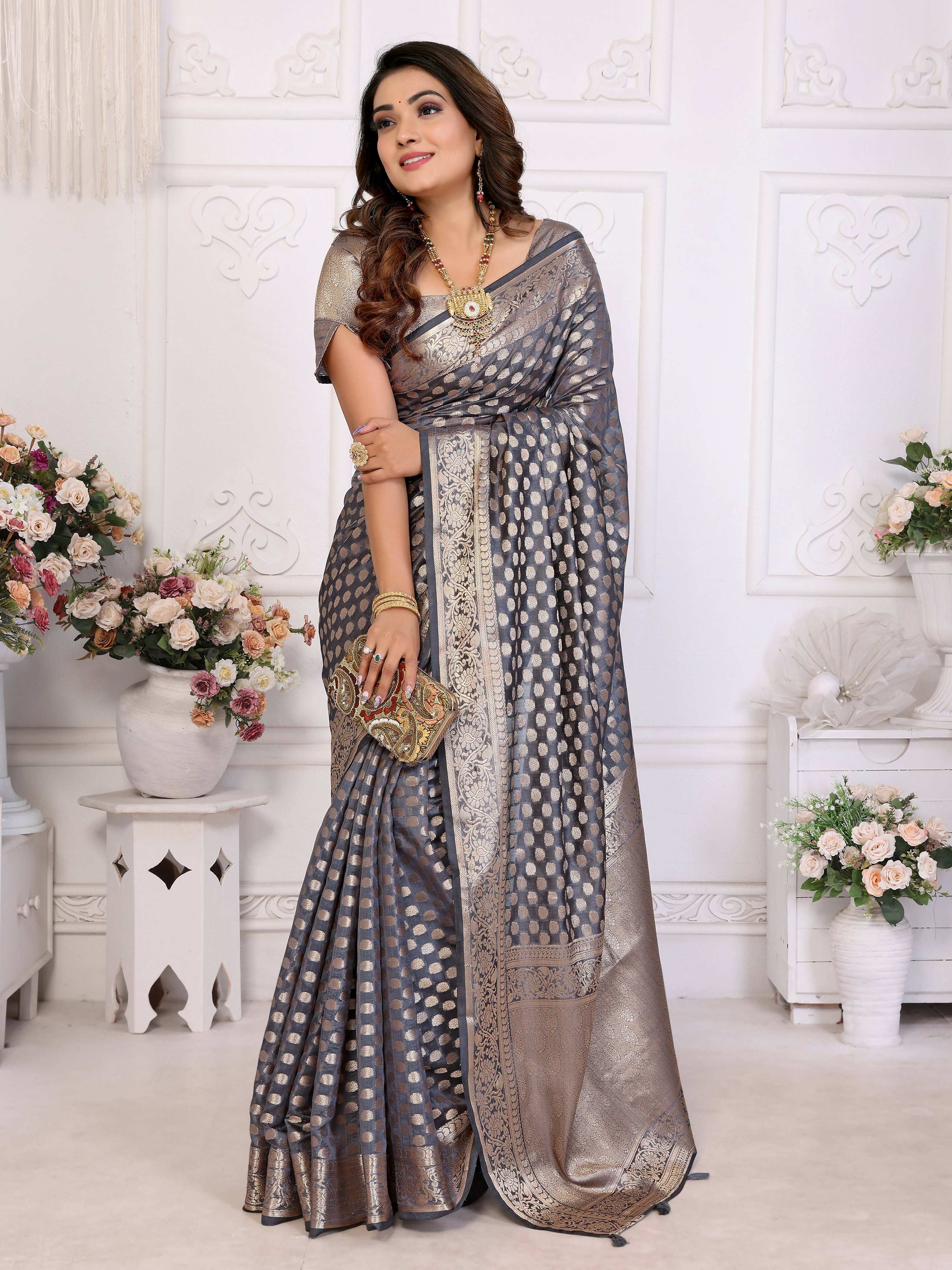Aastha Fashion Grey Organza Silk Weaving Saree