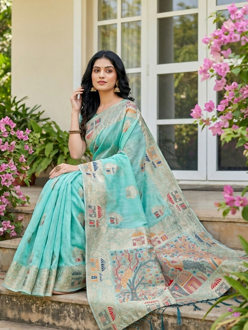 Shree Shyam Fashion Sky Blue Linen Cotton Saree