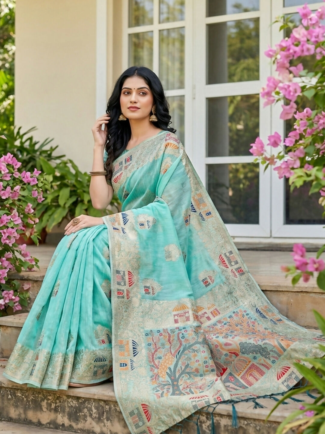 Shree Shyam Fashion Sky Blue Linen Cotton Saree