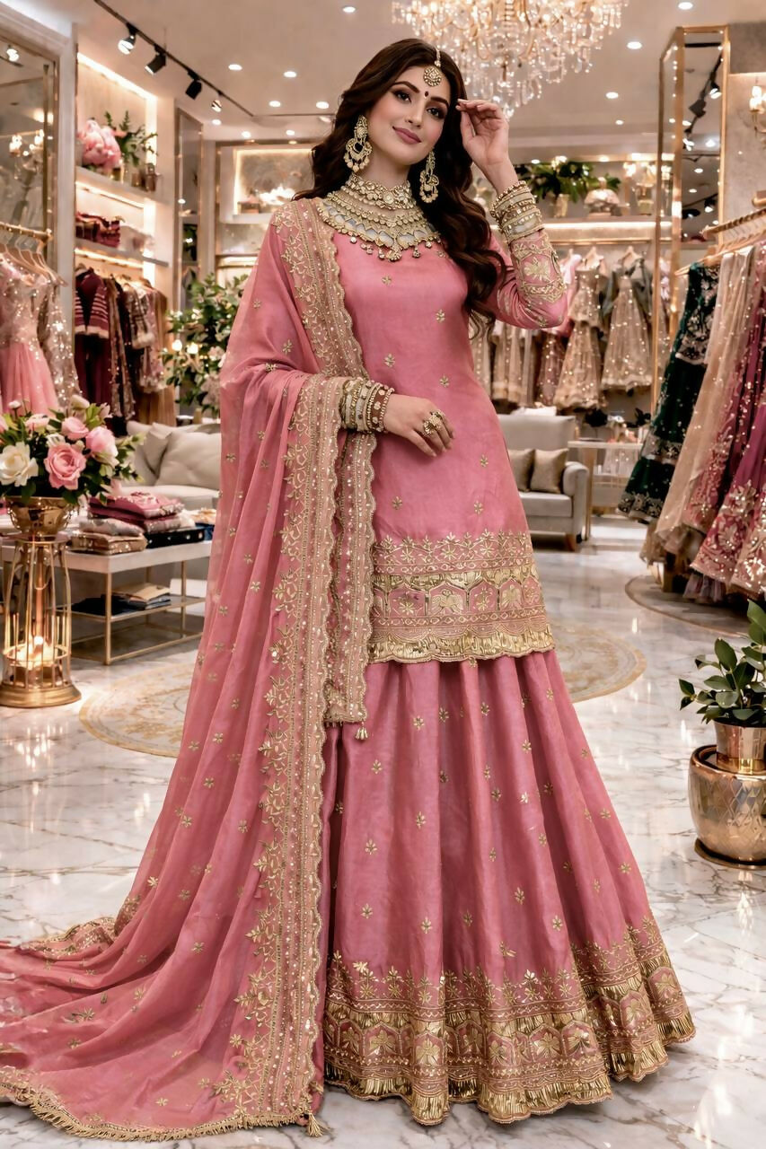 Teeya Creation Pink Color Fendy Satin Heavy Embroidery Work Wedding Wear Stitched Lehenga Choli