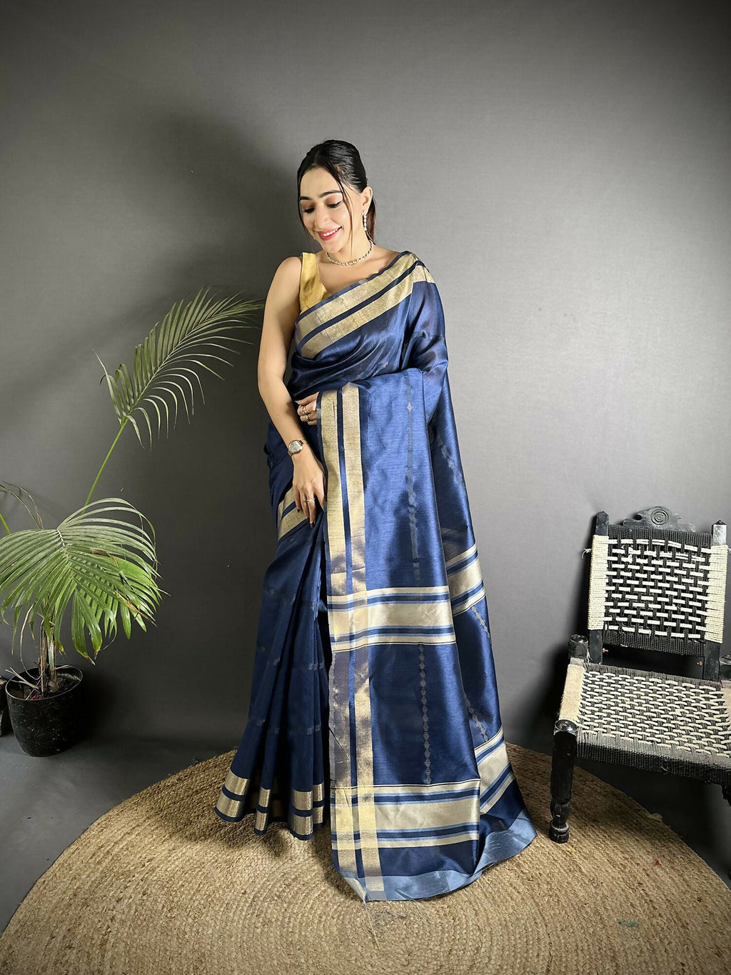 Joban Fashion Navy Blue Woven Pattern Raw Silk Kanjivaram Silk Saree