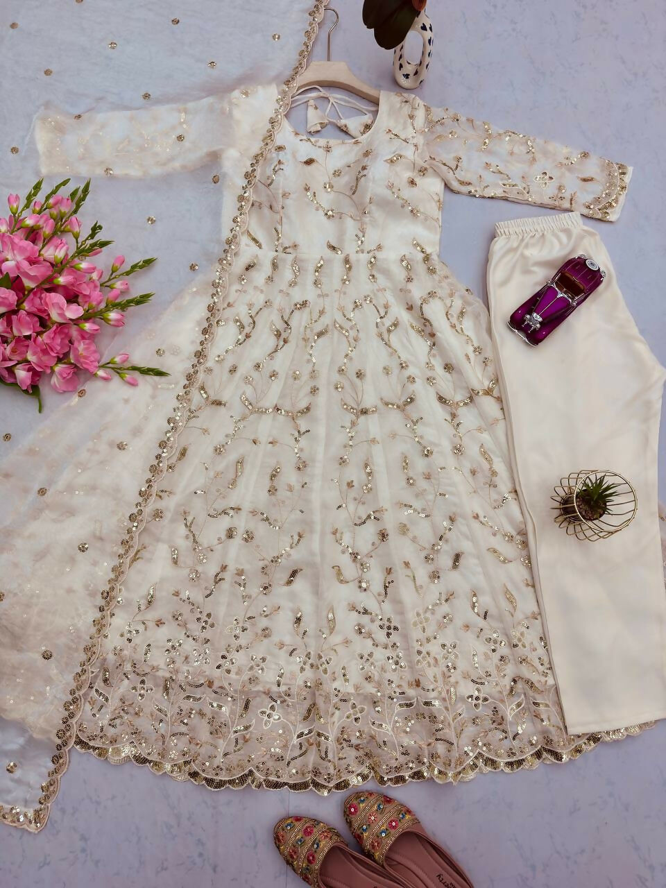 Teeya Creation White Color Faux Georgette Long Party Wear Gown