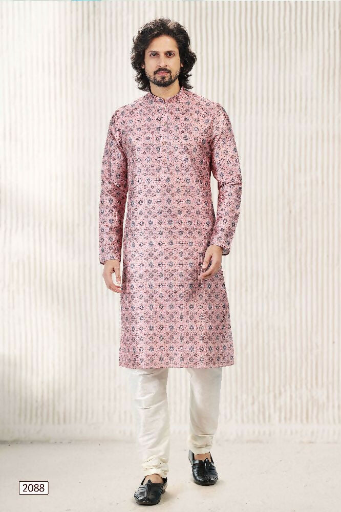 Raivat Ethnic Jacquard Banarasi Silk Digital Print Kurta Pajama In Dark Pink Colour