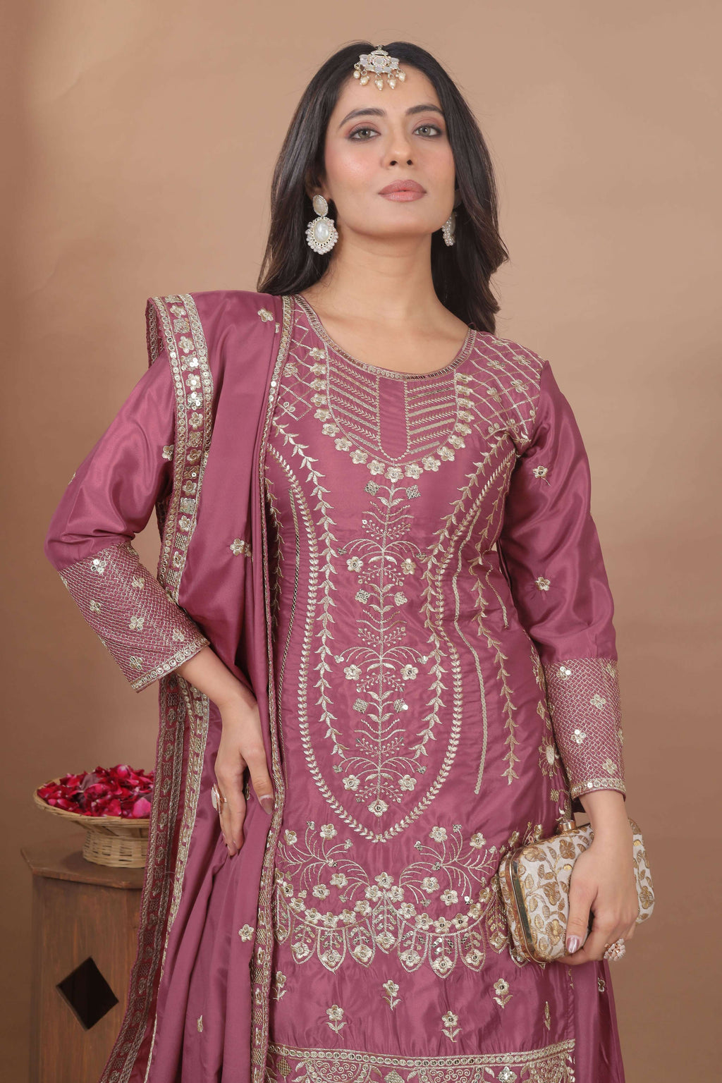 Lehenga Mart Designer Sharara Suit With Kurta, Sharara, Dupatta For Women-Mauve
