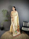 Joban Fashion Off-White Peacock & Floral Motifs Soft Silk Kanchipuram Saree