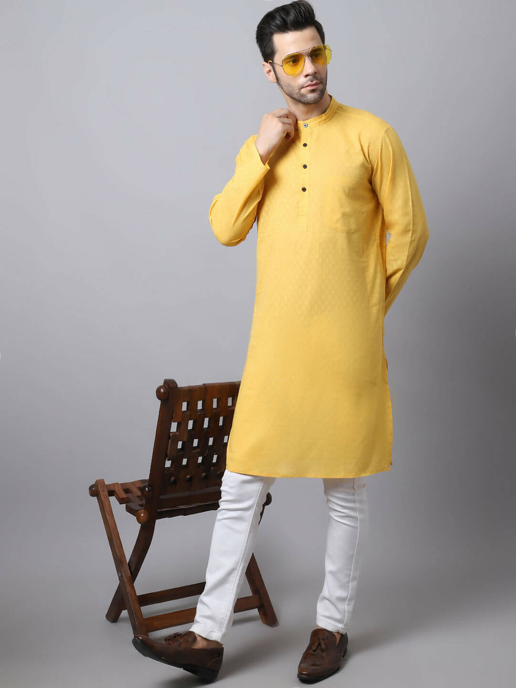 Even Apparels Yellow Pure Cotton Men's Kurta With Band Collar (SLD1183)