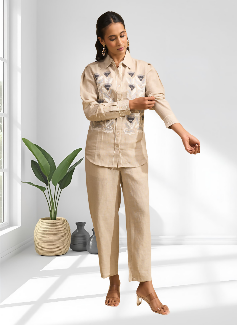 Joban Fashion Beige Linen Embroidered Readymade Cord Set