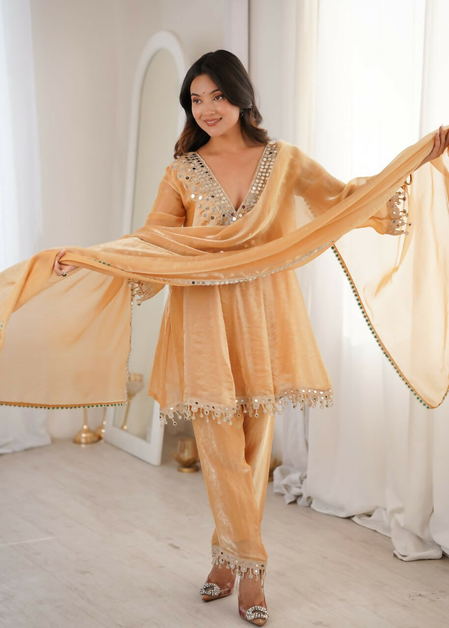 Teeya Creation Womens New Trending Fendy Fabric With Real Mirror With Coding Embroidered Lace Work Kurta Set