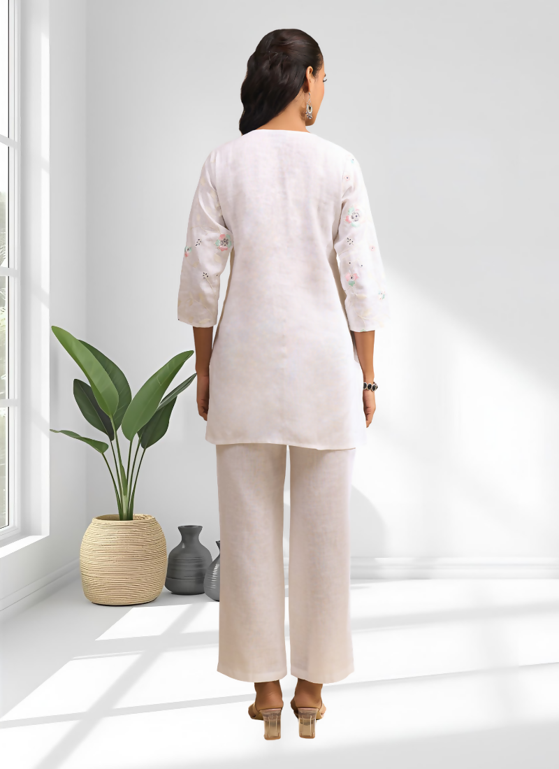 Joban Fashion Off White Linen Embroidered Readymade Cord Set