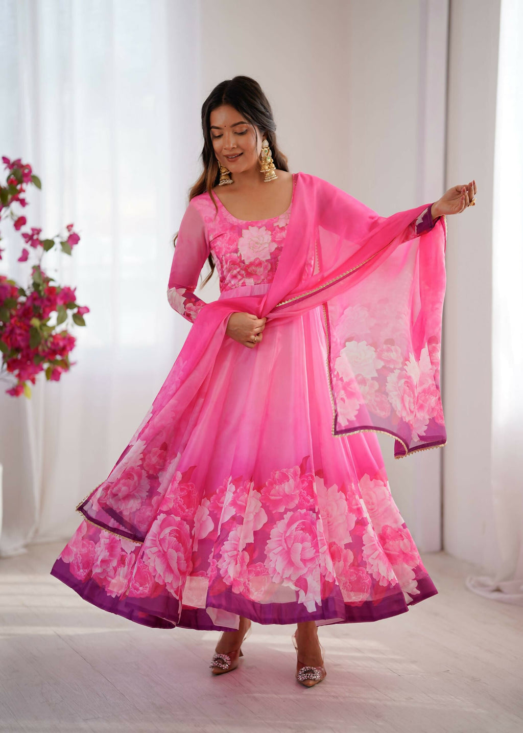 Teeya Creation Womens New Organza Soft Taby Silk Heavy Quality Fabric With Digital Print Pink Gown Set