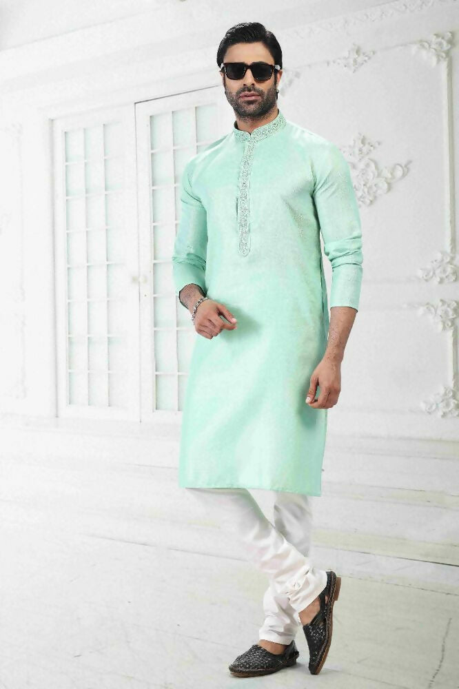 Raivat Ethnic Linen Cotton Thread Work Kurta Pajama In Pista Green Colour