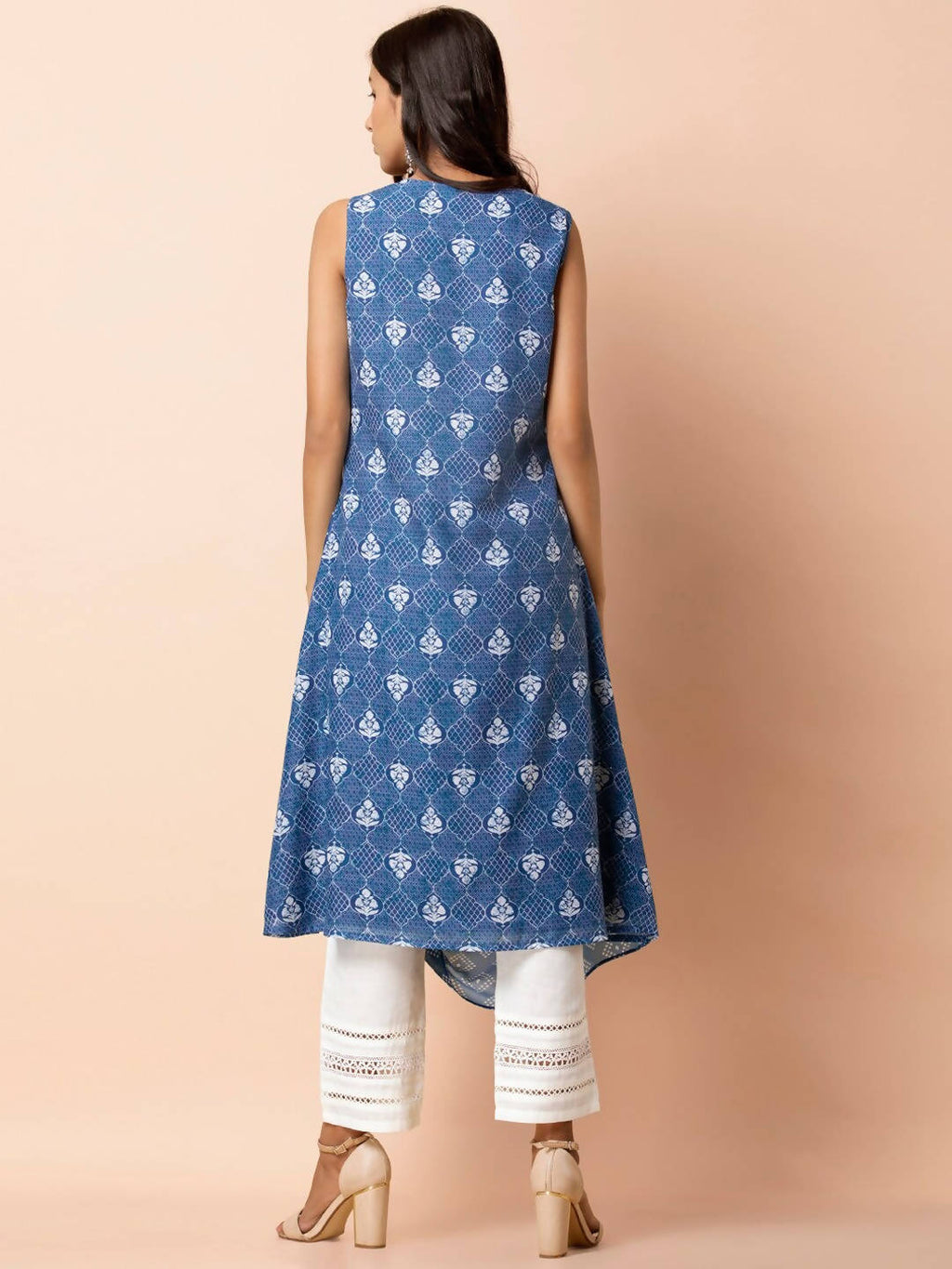 Indya Blue & White Printed A-Line Kurta
