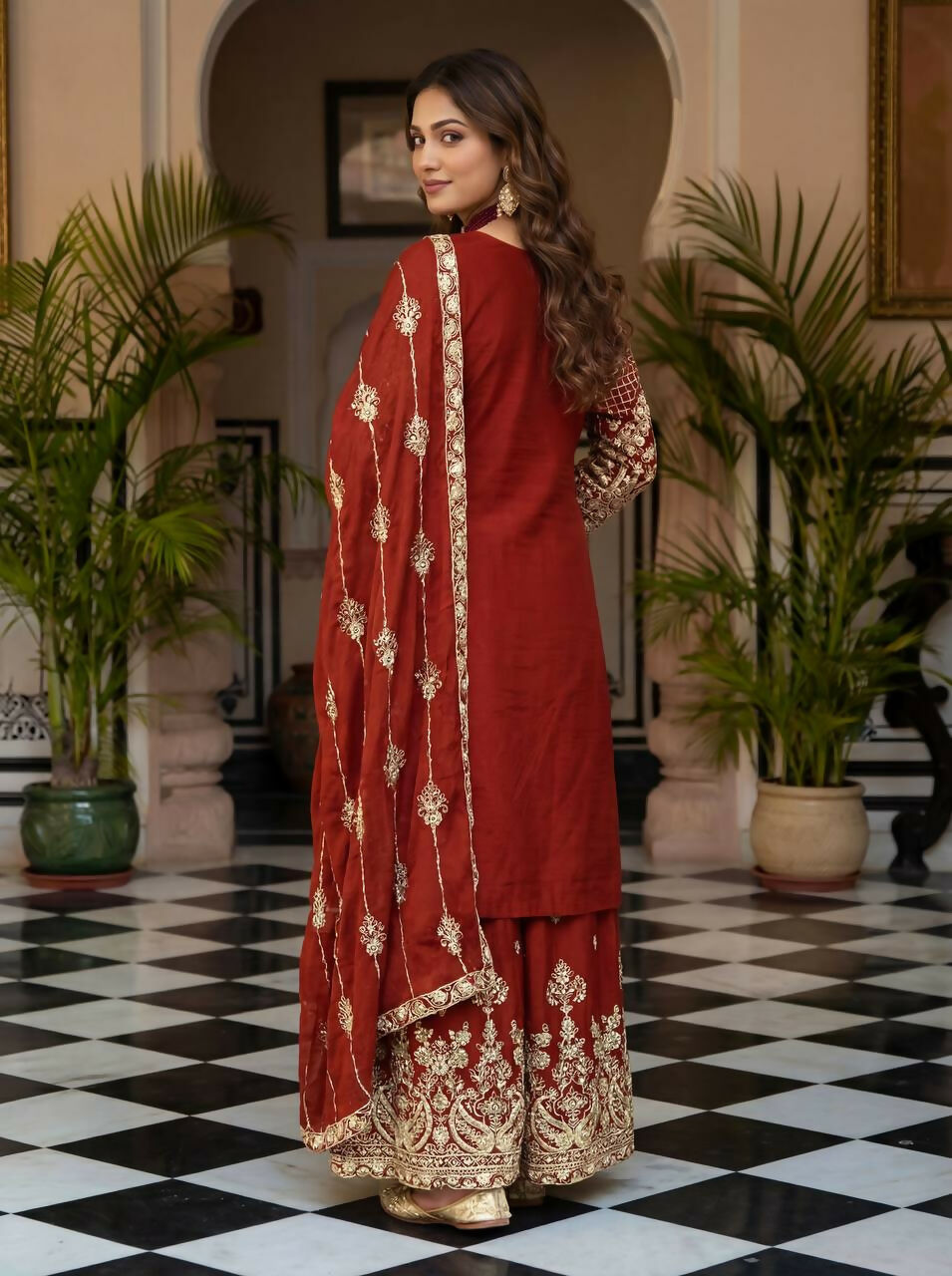 Joban Fashion Red Silk Embroidered Sharara Set
