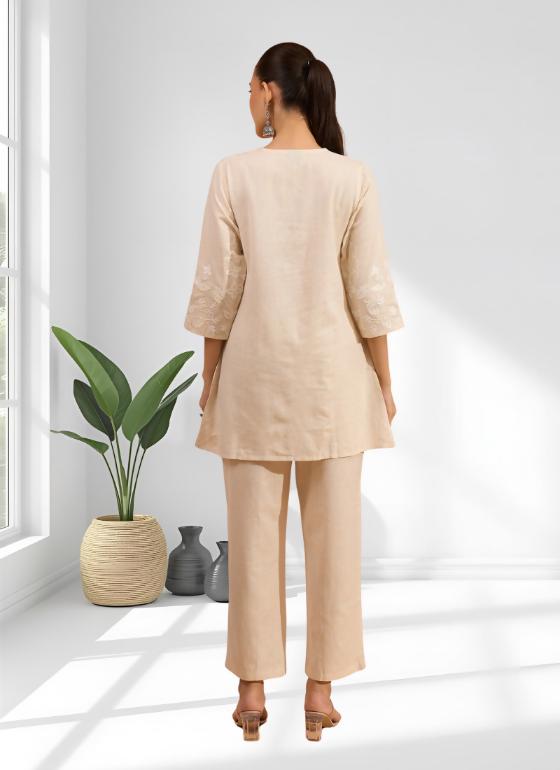 Joban Fashion Cream Linen Embroidered Readymade Cord Set