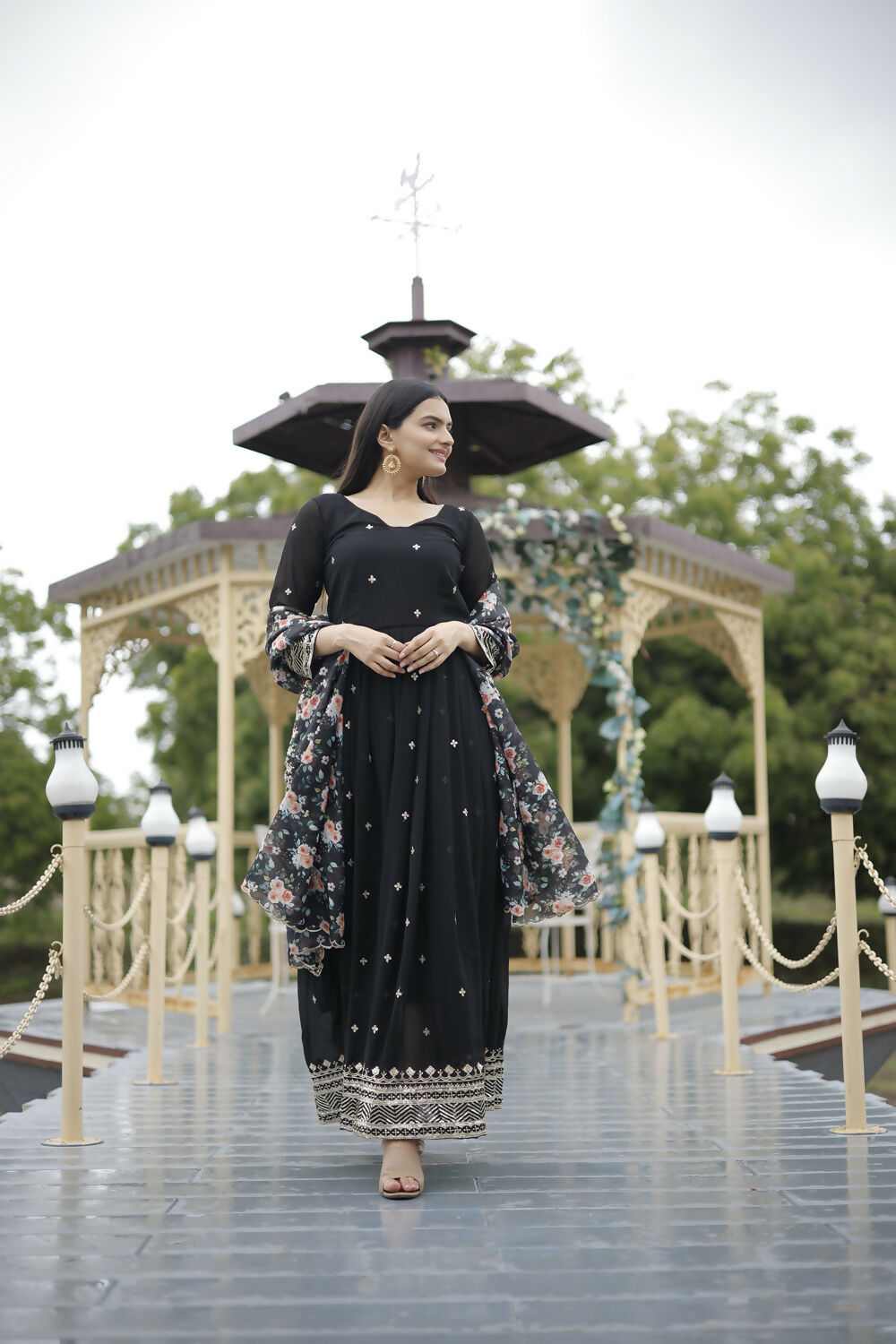 Aayaa Designer Embroidery Zari Sequins-Work Faux Blooming Georgette Suit - Black