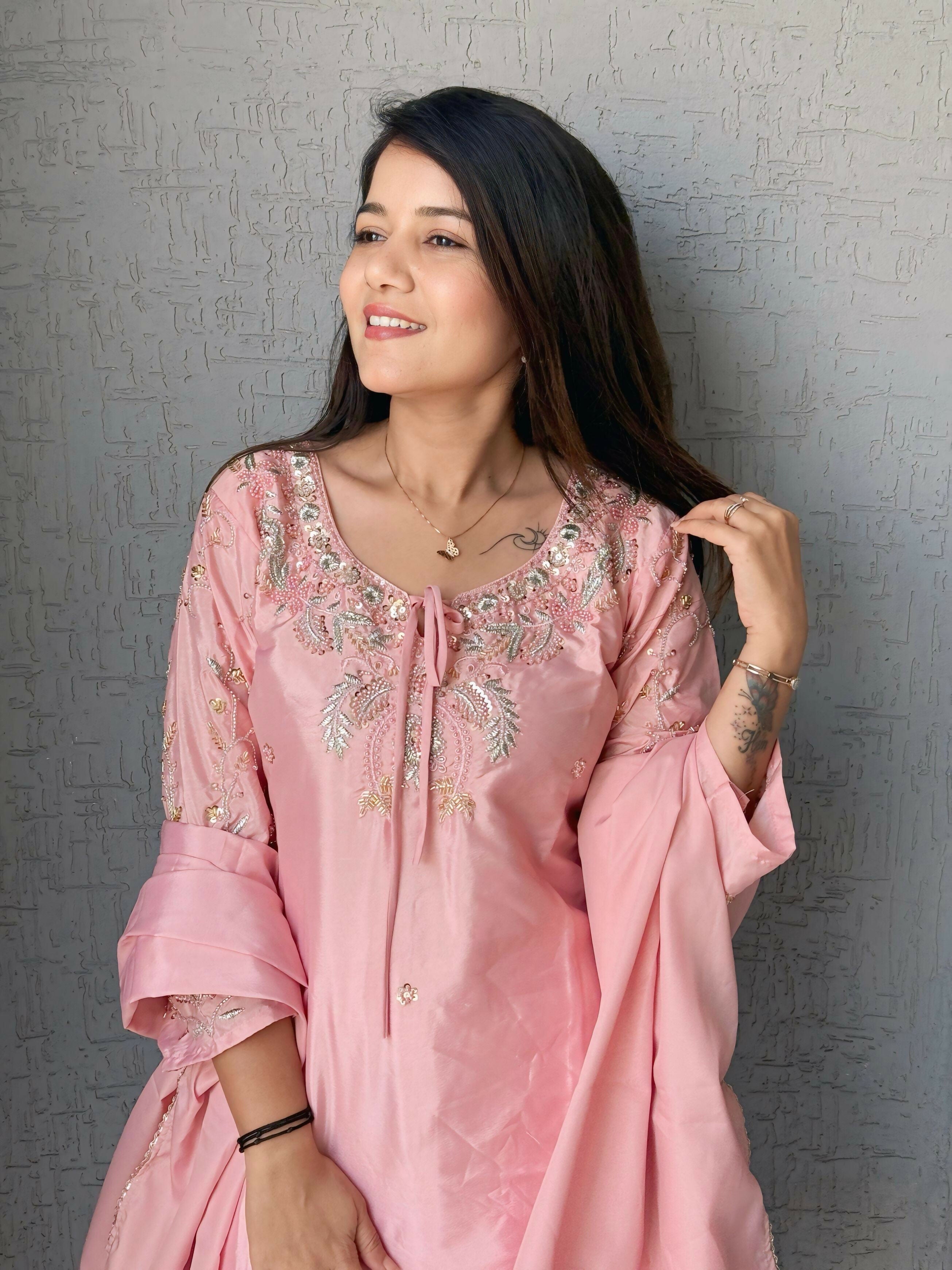 Anaita Baby Pink Crape Readymade Kurti Set with Beads Sequence Work