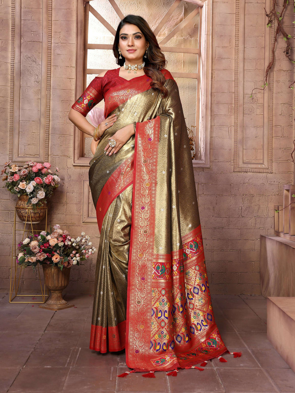 Aastha Fashion Brown Banarasi Tissue Silk Weaving Saree