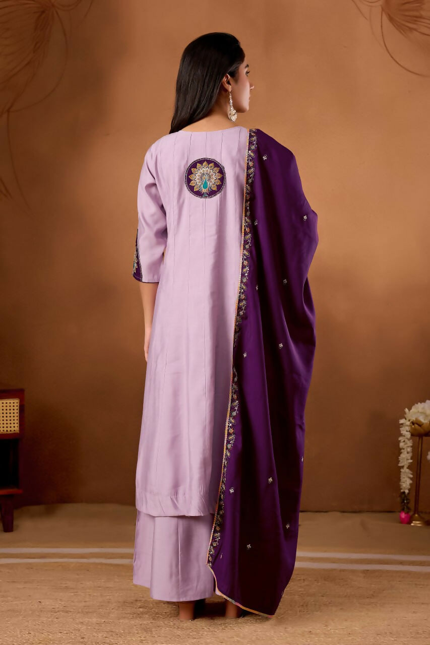 Lehenga Mart Designer Front-Slit Kurta, Paired With Wide-Leg Palazzo Pants And A Dupatta.-Lavender