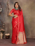 Joban Fashion Red Floral & Botanical Motifs Satin Silk Banarasi Silk Saree