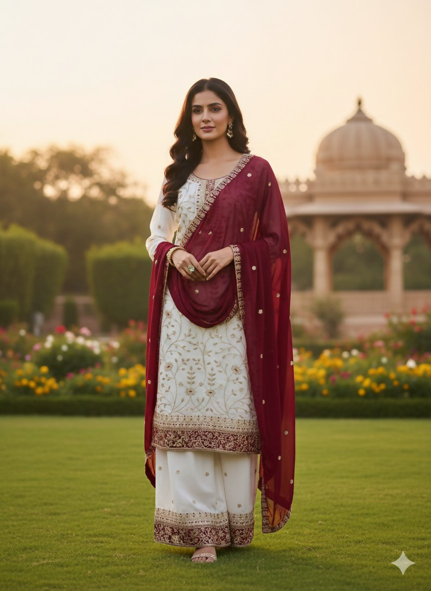 Teeya Creation White Color Faux Georgette Embroidery Work Long Party Wear Palazzo Suit