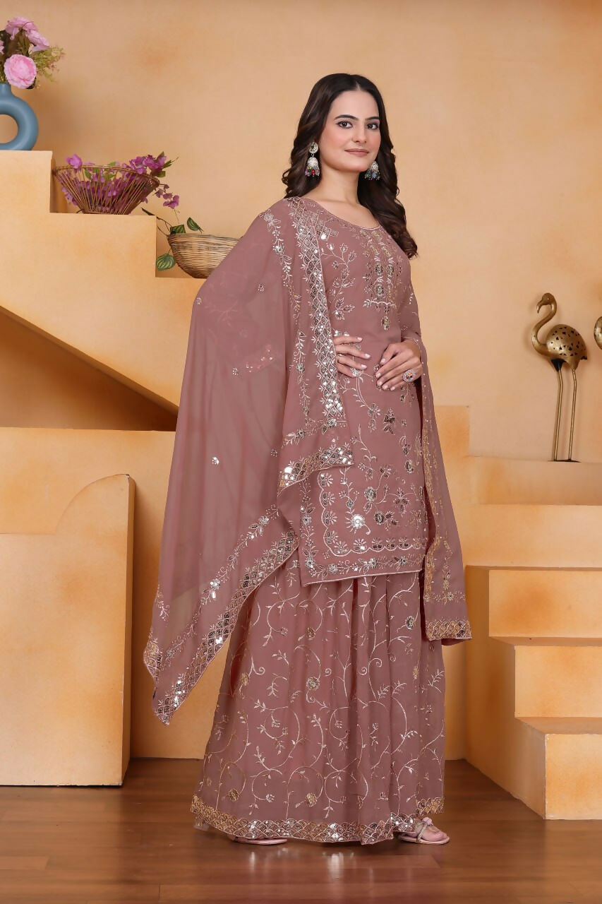 Teeya Creation Onion Color Faux Georgette Embroidery Work Wedding Wear Palazzo Set