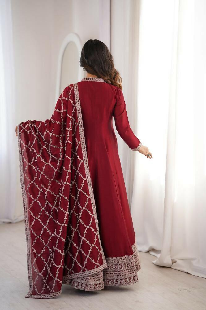Lehenga Mart Designer Anarkali Suit With Kurta, Dupatta For Women-Dark Maroon