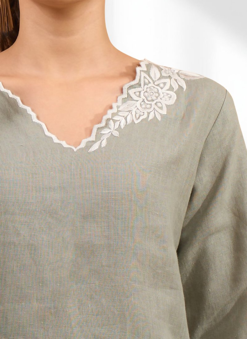 Joban Fashion Gray Linen Embroidered Readymade Long Kurta With Pant