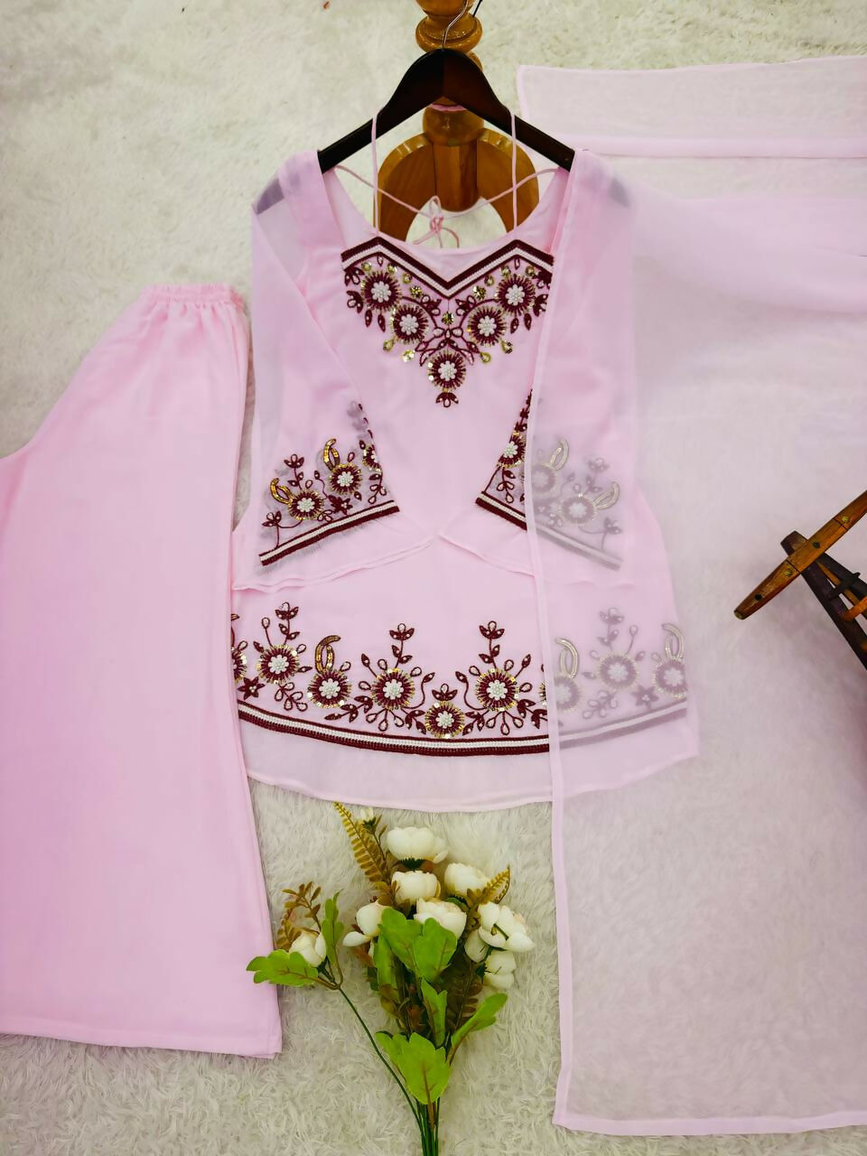 Teeya Creation New Womens Trendy Embroidery Sequence Work Pink Kurta Set