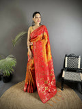 Joban Fashion Yellow And Red Geometric Pattern Soft Silk Patola Saree