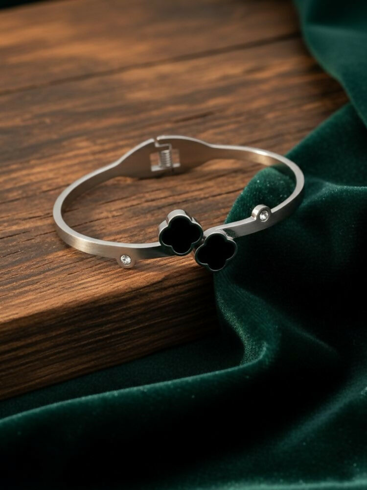 NVR Women Silver Plated Black Cuff Bracelet