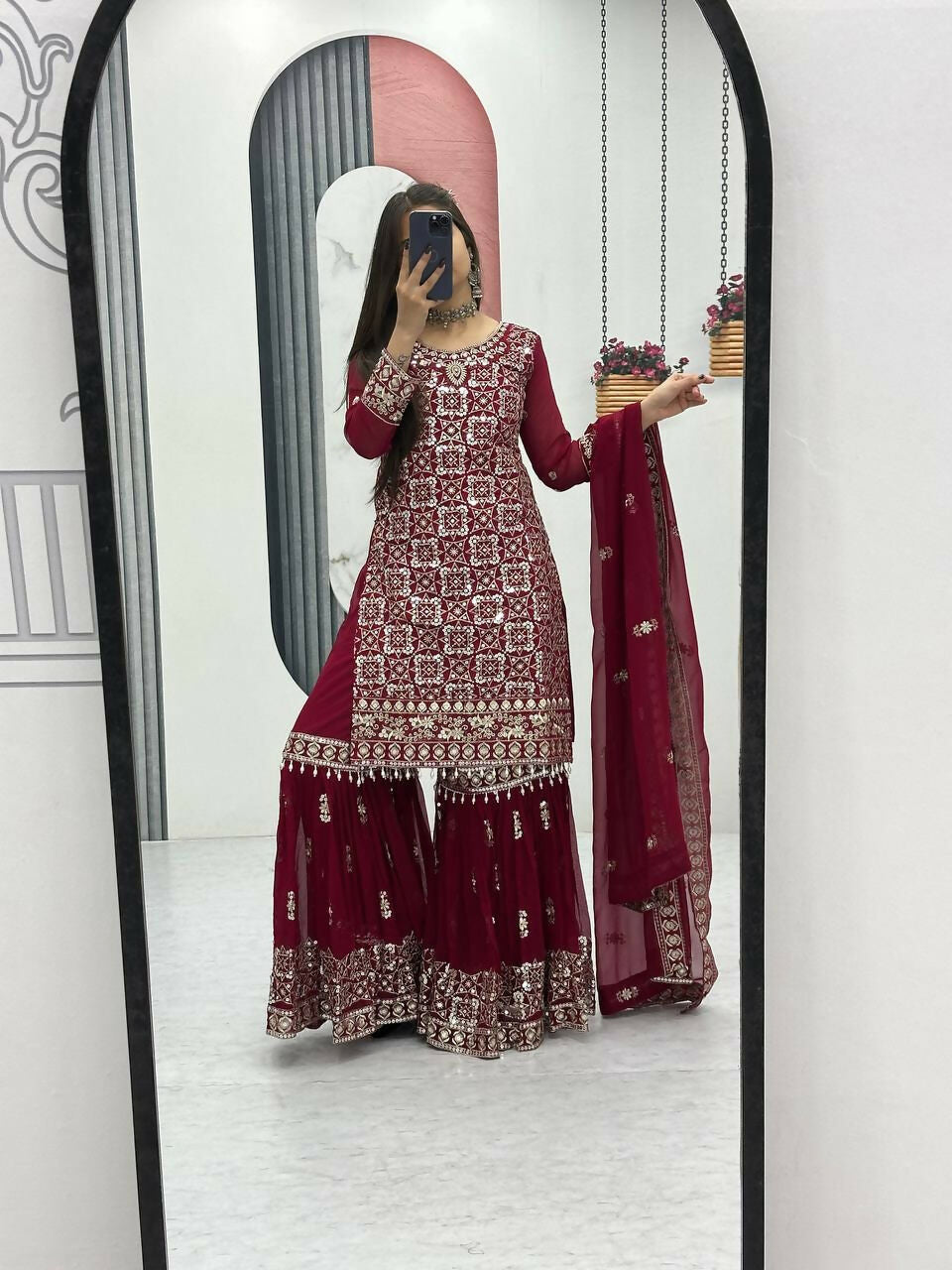 Teeya Creation Womens New Heavy Fox Georgette Fabric With Heavy Embroidery Work Red Kurta Set