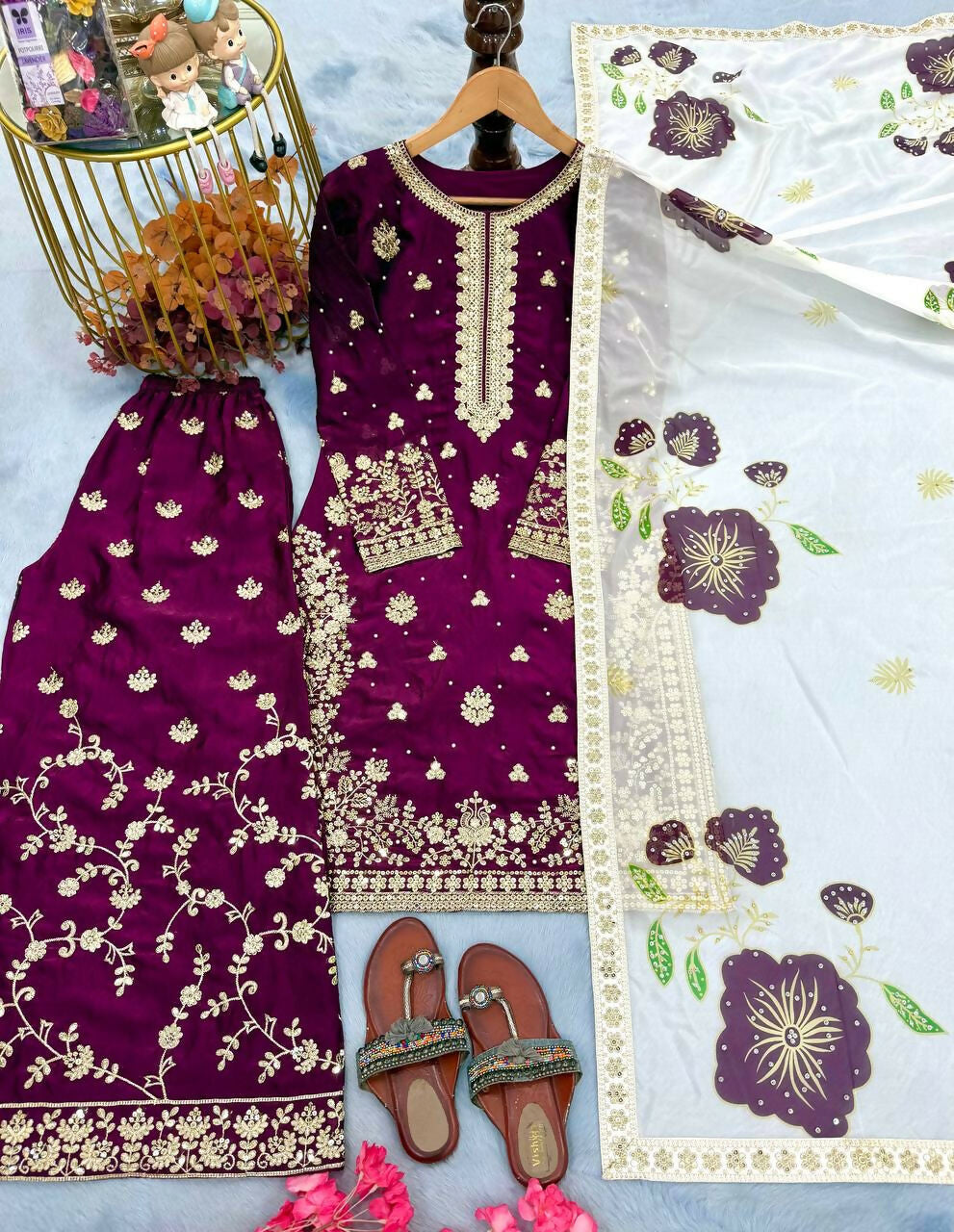 Teeya Creation Wine Fendy Silk Beads Work Designer Wedding Wear Salwar Suit
