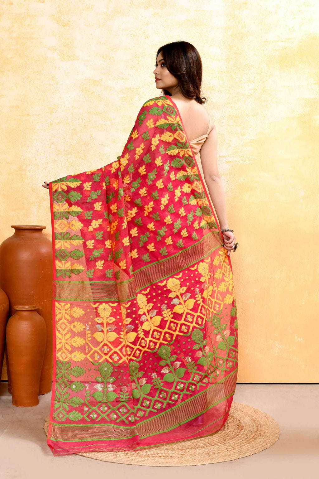 Piyari Fashion Women's Red Embellished Cotton Blend Jamdani Saree